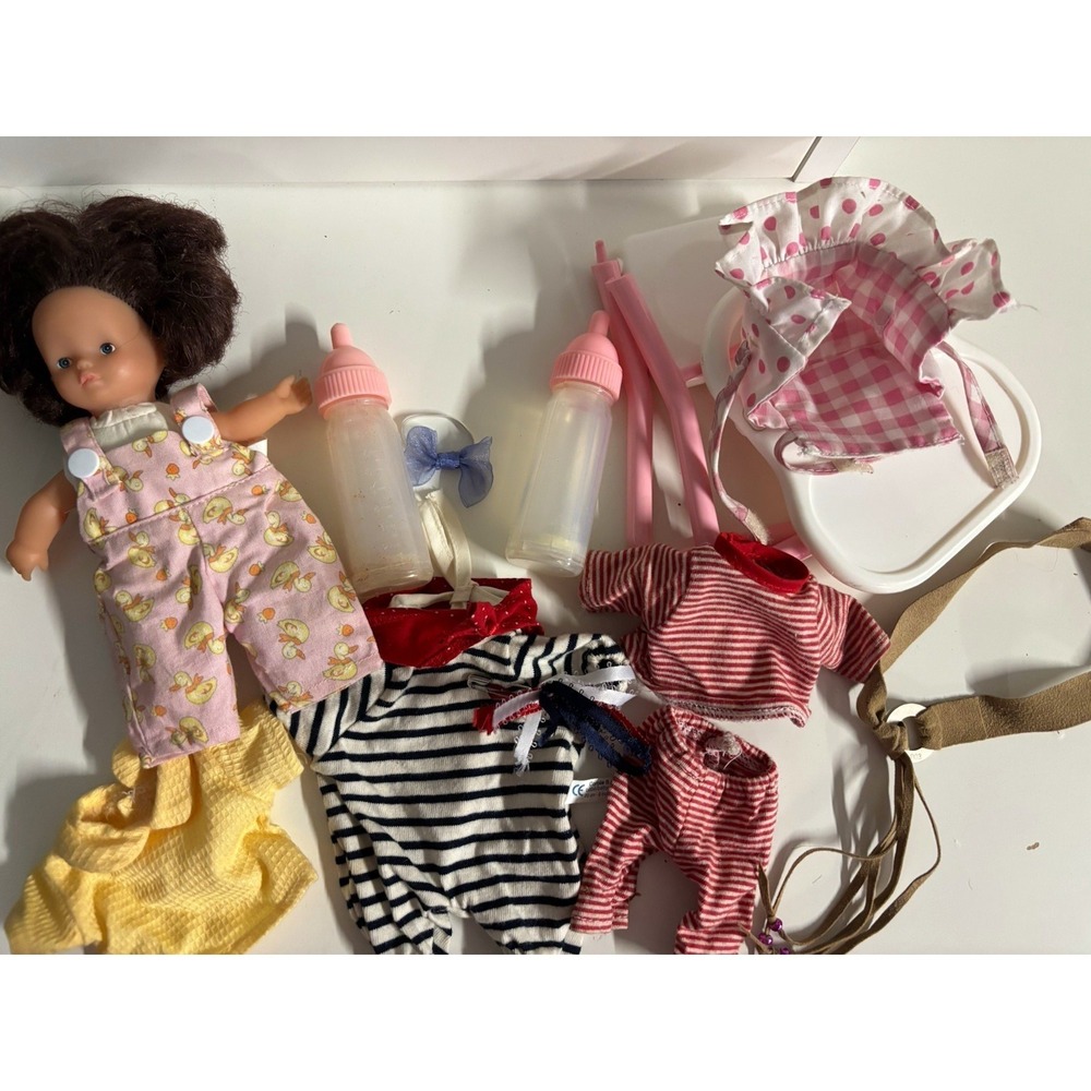 Vintage Baby Girl Doll Lot 6in Brown Hair w/ Outfit & Bottles Unimax/Corelle Mix